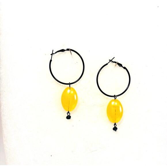 Handmade large Yellow Vintage beaded Black Hoop Drop Earrings 2.5 inch - Picture 4 of 4